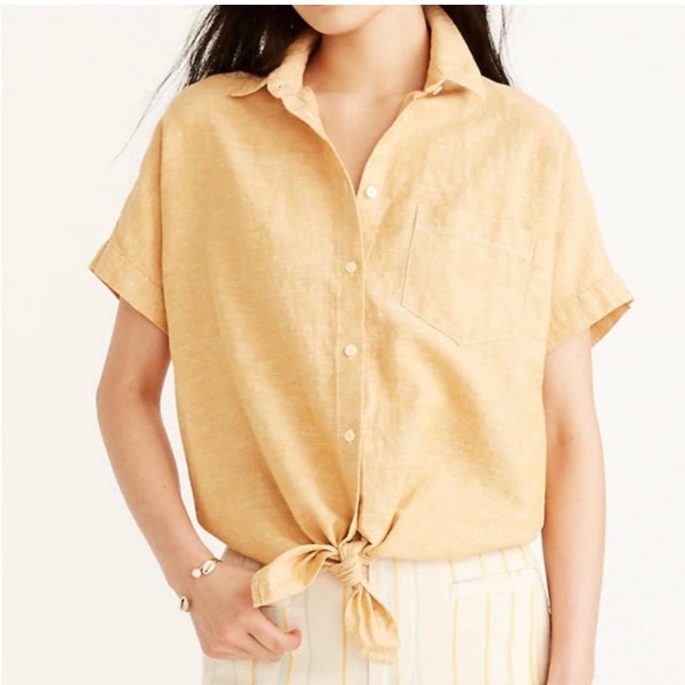Madewell Women’s Button Tie Front Linen Blend Boxy Short Sleeve Top Yellow Small